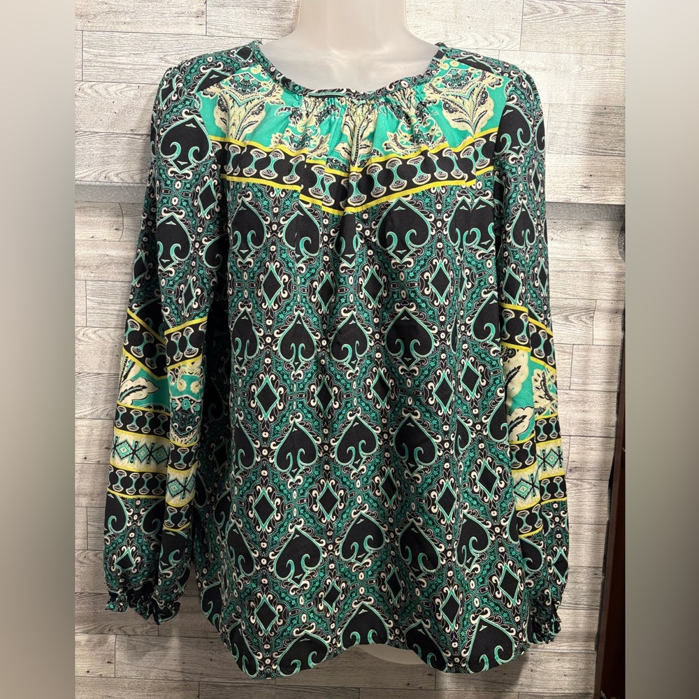 LOFT Black and Green Patterned Blouse